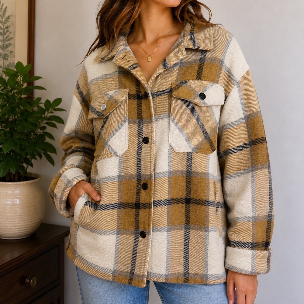 Workshop Plaid Shacket Jacket‎ M Oversized Snap Front Cozy Fall Cabincore Coat